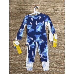Disney Stitch Pajamas Kids 2T 4 Piece Set Cotton Sleepwear Navy White Unisex